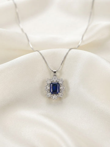 Royal Blue Crystal Halo Pendant Necklace