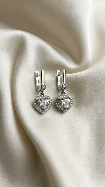 Silver Crystal Heart Drop Earrings