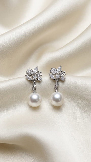 Silver Floral Pearl Drop Earrings